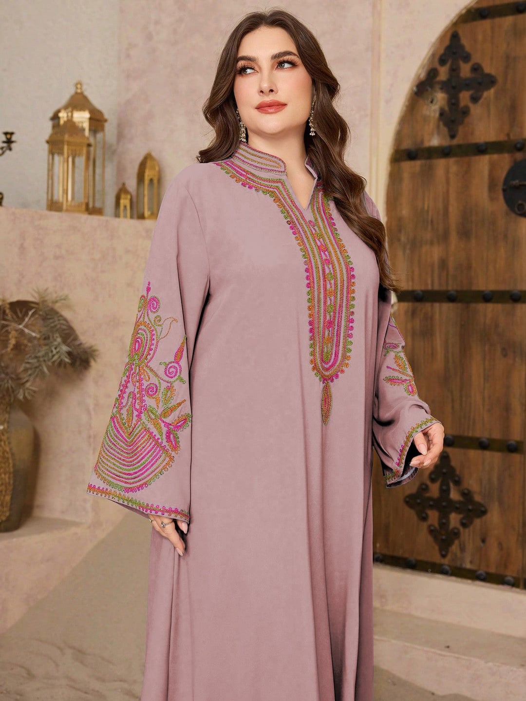 Plus size ethnic style long loose dress, small V-neck, slight satin finish