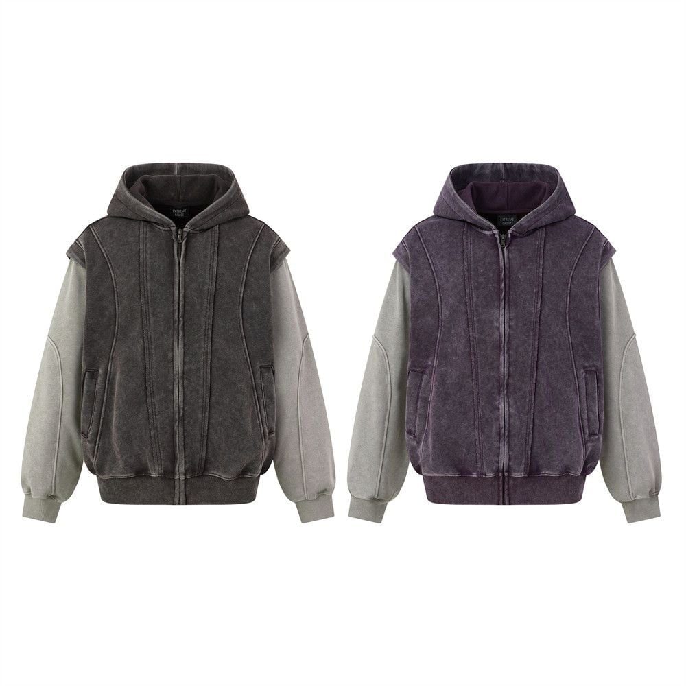 Men Wasteland Washed‑Distressed Hoodie Jacket, Punk 3D Deconstructed Faux Two‑Piece Splicing, Loose Street‑wear Outerwear for Spring & Autumn