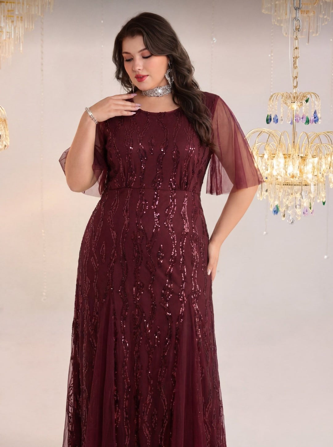Plus Size Elegant Round Neck Short Sleeve European Style Evening Dress