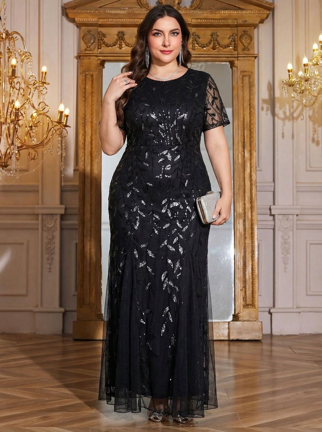 Plus Size Women Dress, European & American Style, V-neck Long Sleeve Slit Sequin Elegant Dress