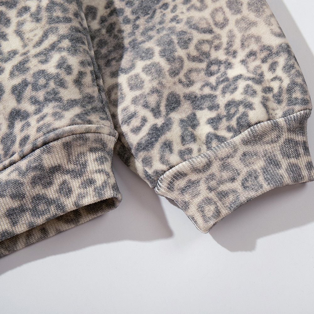 Men Vintage Washed Leopard Print Pullover Hoodie, Punk Niche Street‑Style Loose Casual Sweatshirt Jacket for Spring Autumn