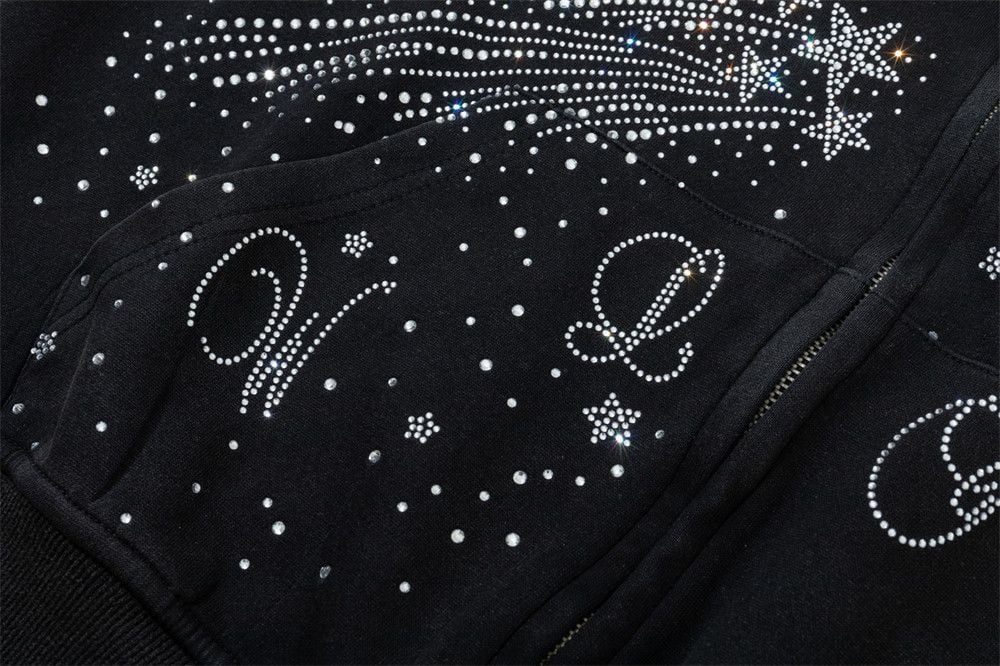 Men Starry Bling Hot‑Fix Rhinestone Hooded Zip‑Up Cardigan, Hip‑Hop Street‑Style Unique Double‑Slider Zipper Sweatshirt Jacket for Spring Autumn