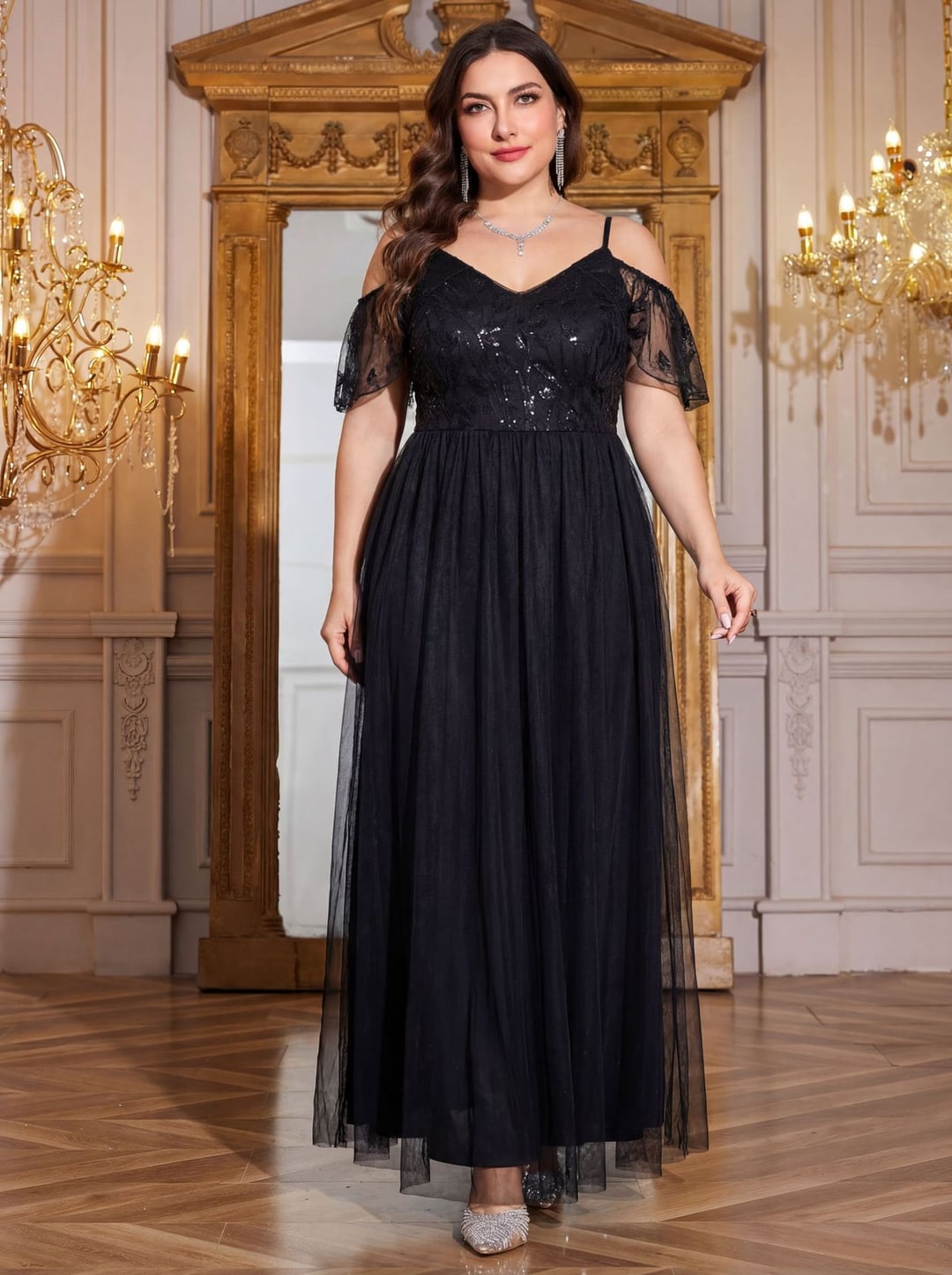 Plus Size Sequin Dress, Spaghetti Strap Flutter Sleeve