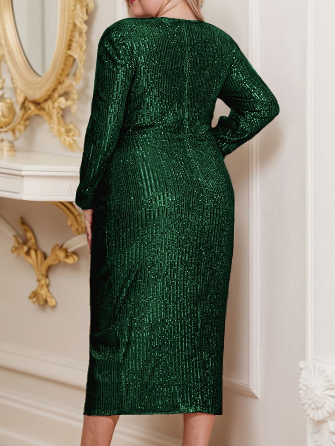 Plus Size Women V-Neck Long Sleeve Split Sequin Elegant Dress