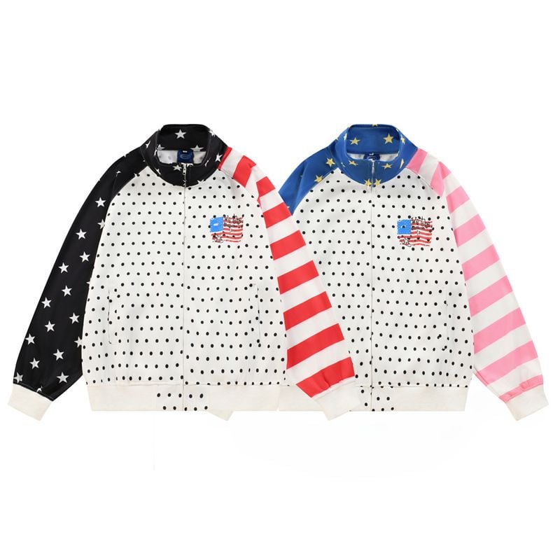 Men's Designer Irregular Polka Dot Full Print Zip Up Sweatshirt, Stand Collar Loose Trendy Outerwear Spring Autumn