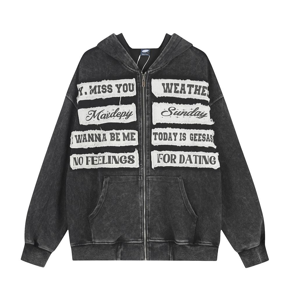 Men Niche Design Streetwear Hoodie Jacket, Distressed Letter Applique Embroidery Loose Casual Sweatshirt for Spring Autumn
