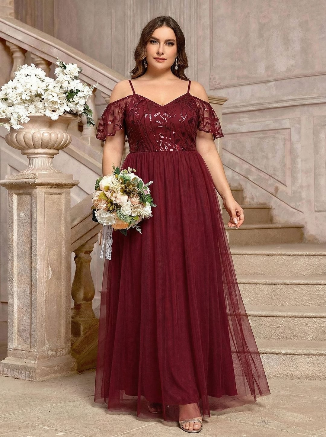 Plus Size Sequin Dress, Spaghetti Strap Flutter Sleeve