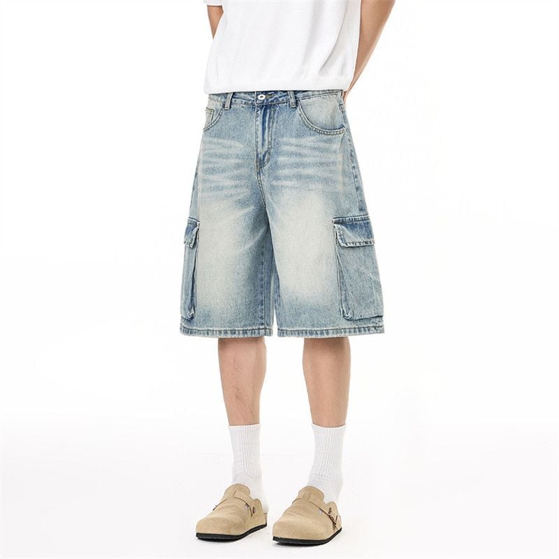 Men's American Vintage Washed Denim Cargo Shorts, Loose Casual Fit