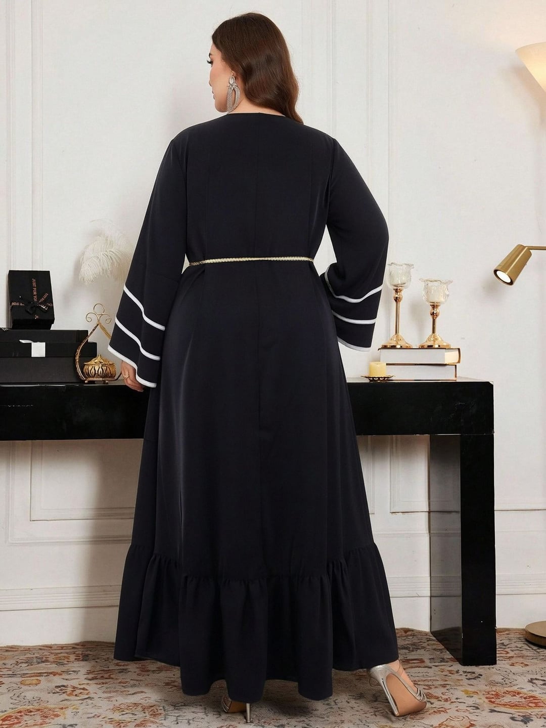 Plus Size Women Ethnic Style Long Loose Dress With Golden Waist Belt