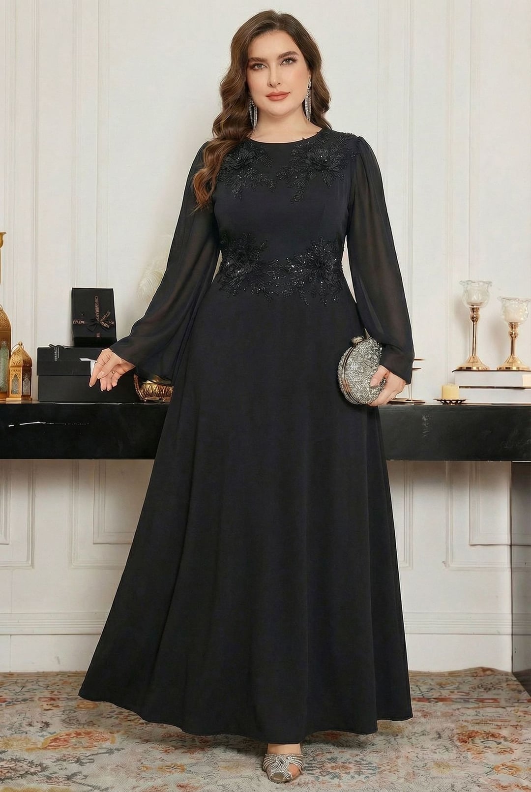 Elegant Plus Size Sequin Bridesmaid Gown, Round Neck Pearl Beaded Evening Dress