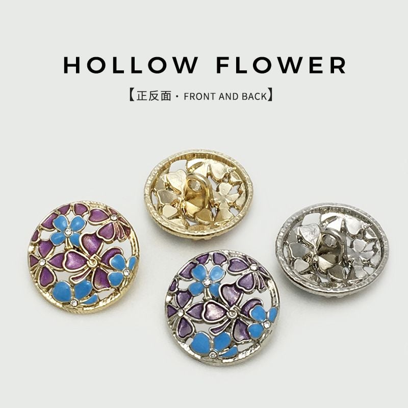 Vintage hollow flower enamel coated metal button, high-grade round decorative button