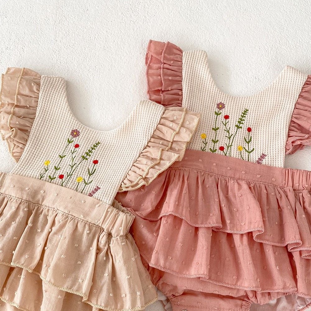 Embroidered Ruffle Baby Girls Romper Dress, Newborn Bodysuit, Princess 100 Days Banquet Party Formal Outfit