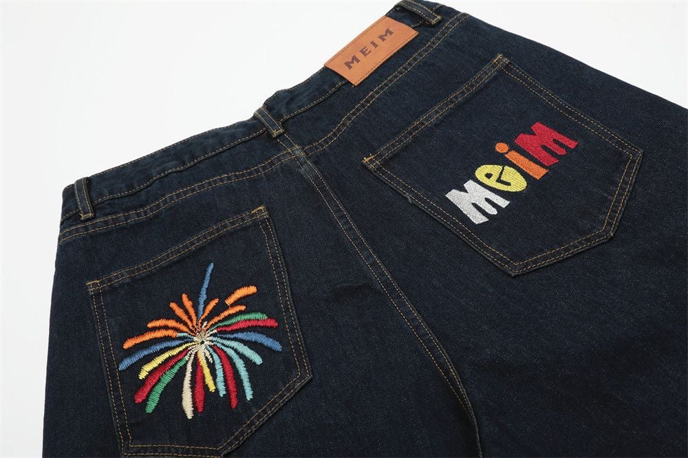 Men’s Summer Denim Mid‑Length Shorts, Firework & Letter Embroidery, Streetwear Brand Style, Washed Loose Casual Straight Wide‑Leg Jeans Shorts