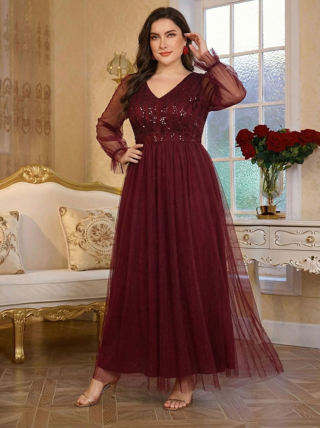 Elegant Plus Size V-Neck Long Sleeve Mesh Sequin Formal Evening Gown