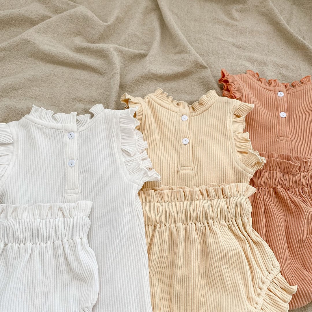 Ribbed Baby Romper Set, Ruffle Trim Girls Onesie with Drawstring Big Butt Pants, Spring Summer Outfit