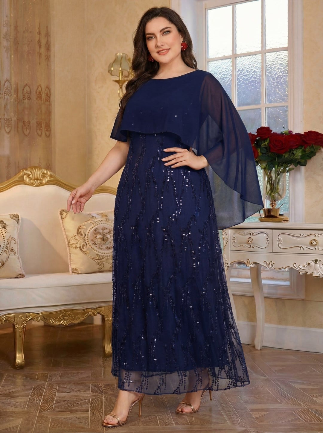 Plus Size Sequin Cami Dress With Shawl For Women