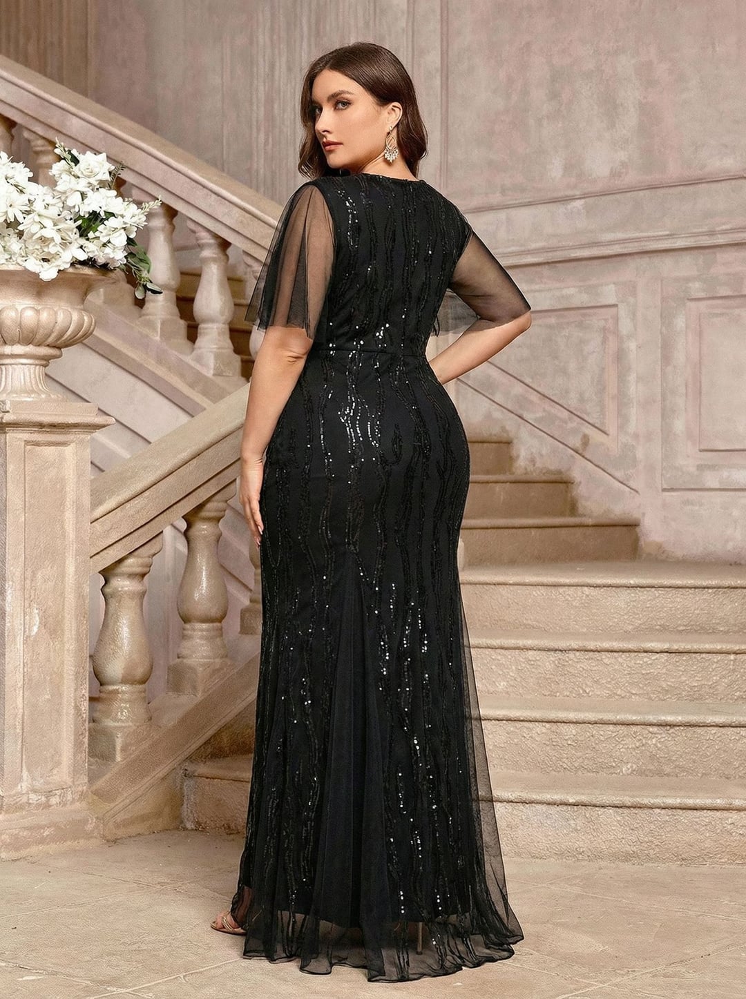 Plus Size Elegant Round Neck Short Sleeve European Style Evening Dress