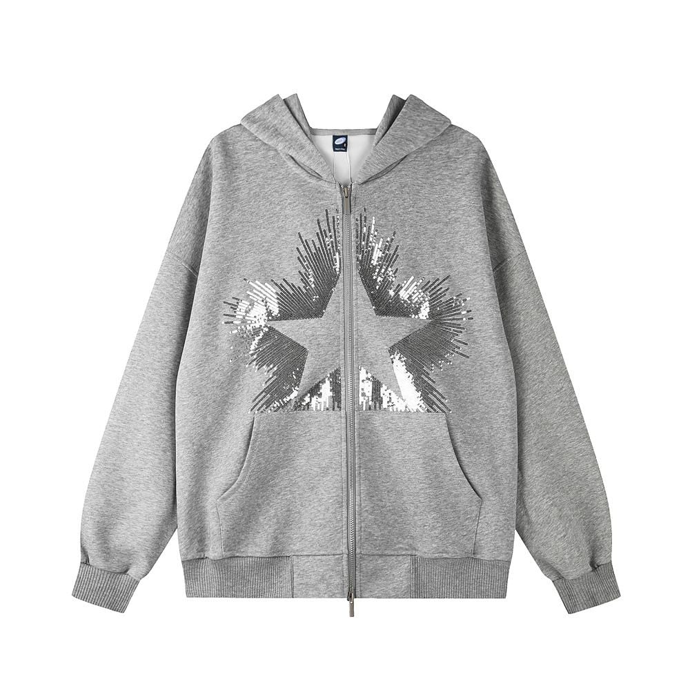 Men High‑Street Unique Design Hoodie Jacket, Star Sequin Embroidery Two‑Way Zipper Loose Casual Sweatshirt for Spring Autumn