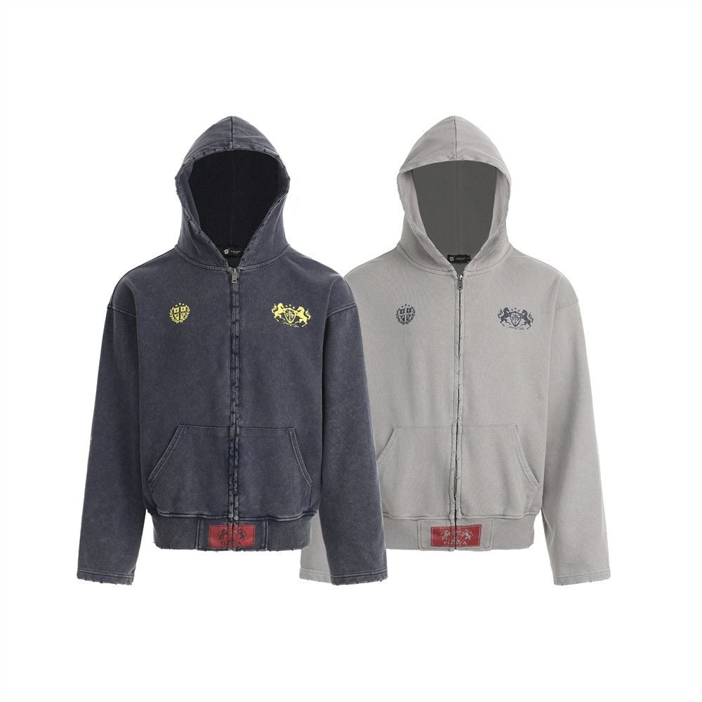 Men Streetwear Zip‑Up Hoodie Jacket, Vintage Print with Distressed Abrasion Finish, Casual Sport Sweatshirt for Spring Autumn