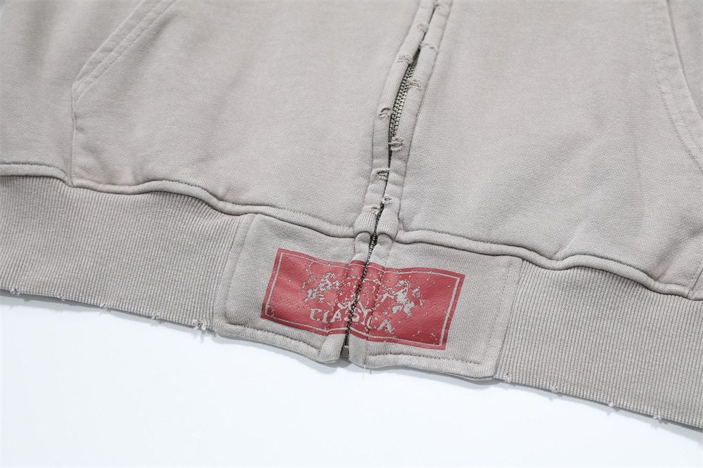 Men Streetwear Zip‑Up Hoodie Jacket, Vintage Print with Distressed Abrasion Finish, Casual Sport Sweatshirt for Spring Autumn