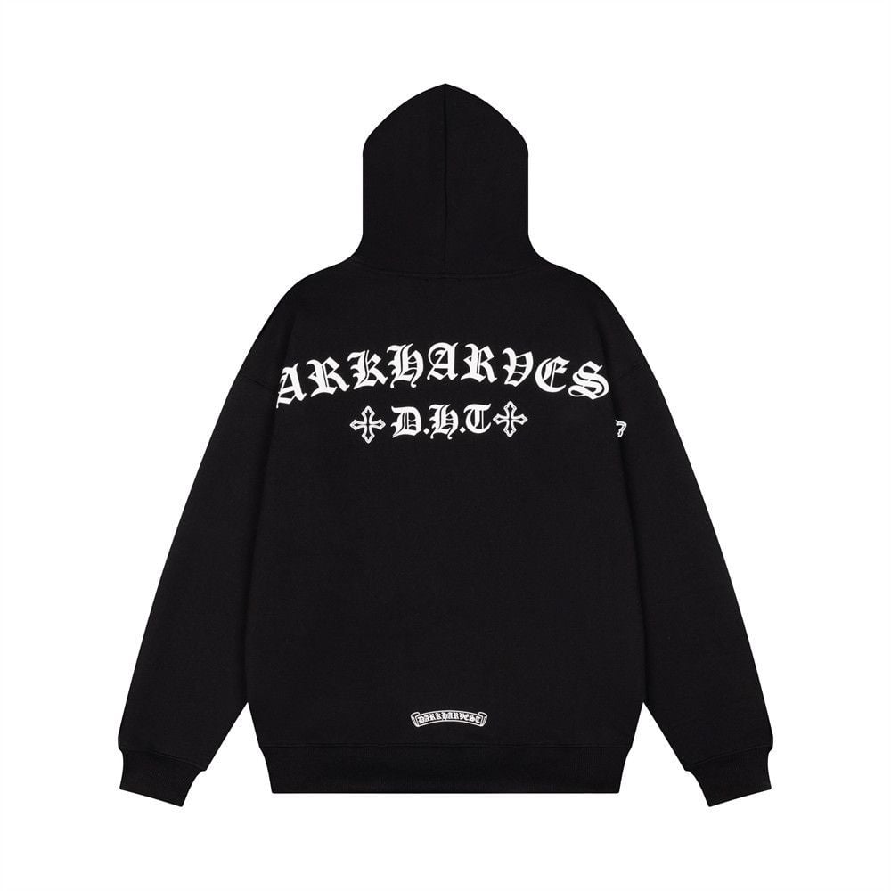 Dark Tone Cross & Sanskrit Gothic Letter Embroidered Hoodie, Men's Trendy Loose Pullover Sweatshirt Spring Autumn