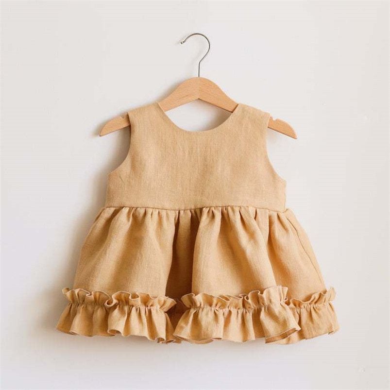 Spring & Summer Cotton Linen Baby Clothing Set, Girls Dress with Ruffle Trim, Princess Slip Dress & Bubble Pants