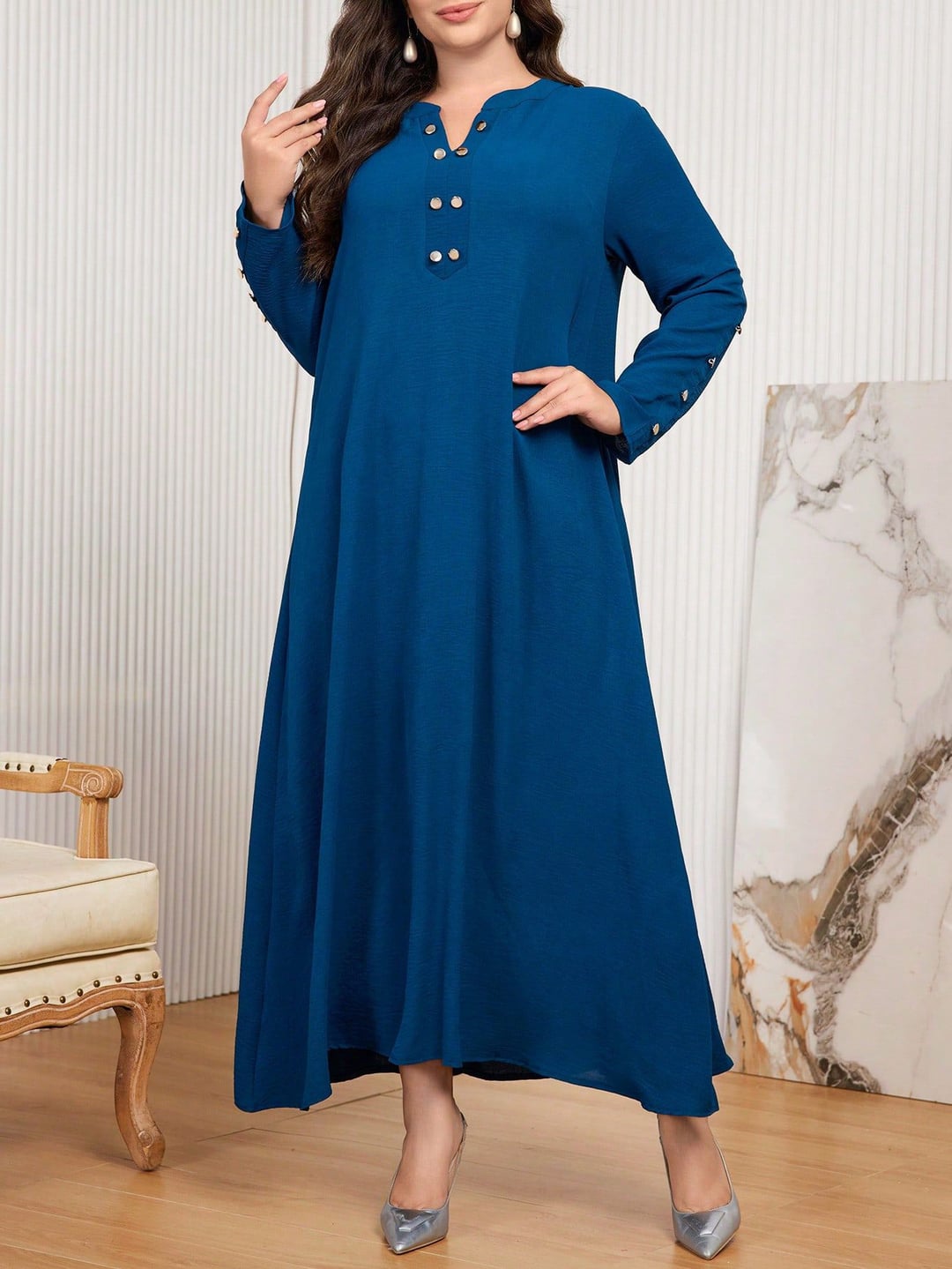Plus Size Ethnic Style Long Sleeve Loose Maxi Dress For Women