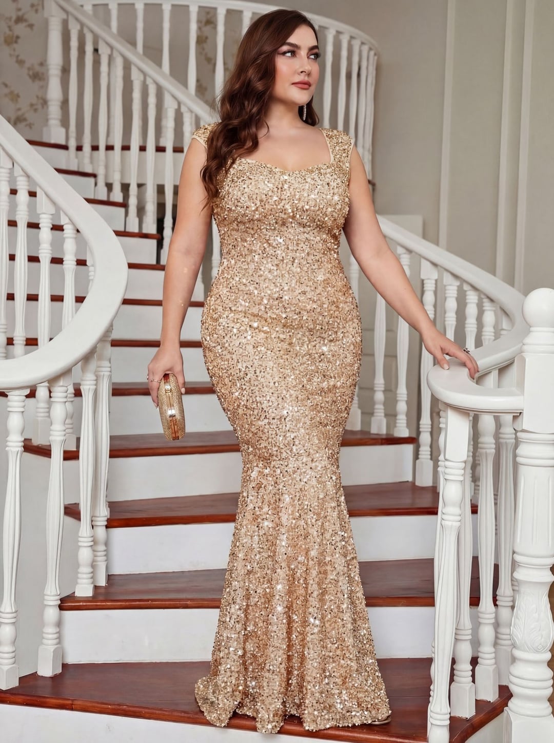 Plus Size Square Neck Short Sleeve Slim Fit Mermaid Bodycon Sequin Evening Dress