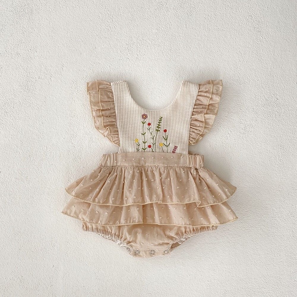 Embroidered Ruffle Baby Girls Romper Dress, Newborn Bodysuit, Princess 100 Days Banquet Party Formal Outfit