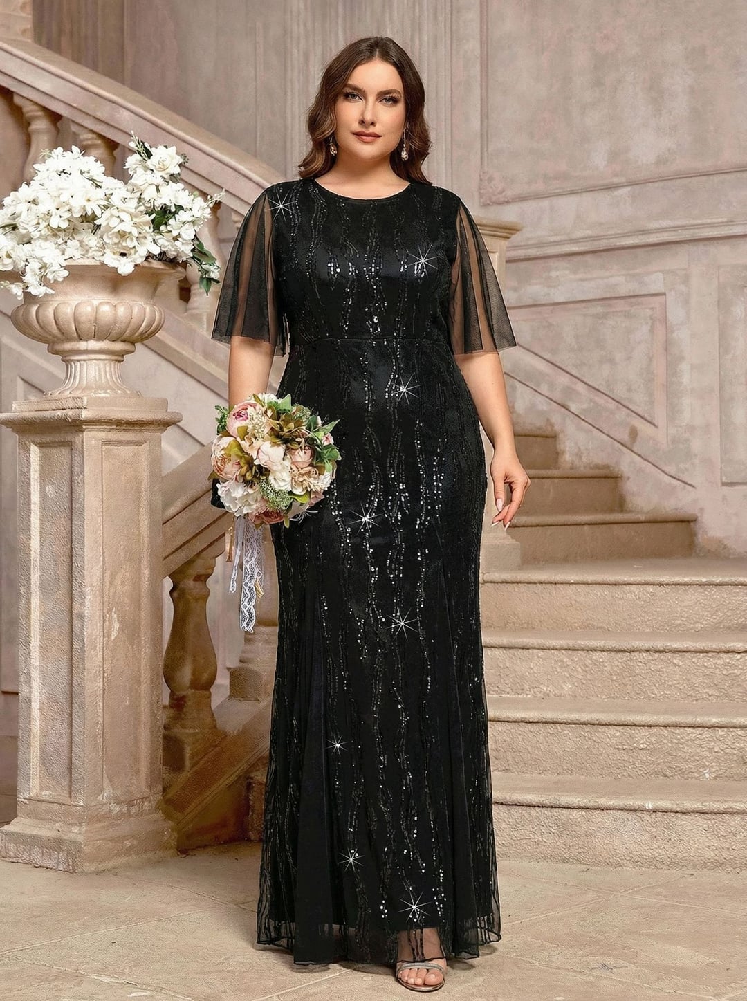 Plus Size Elegant Round Neck Short Sleeve European Style Evening Dress