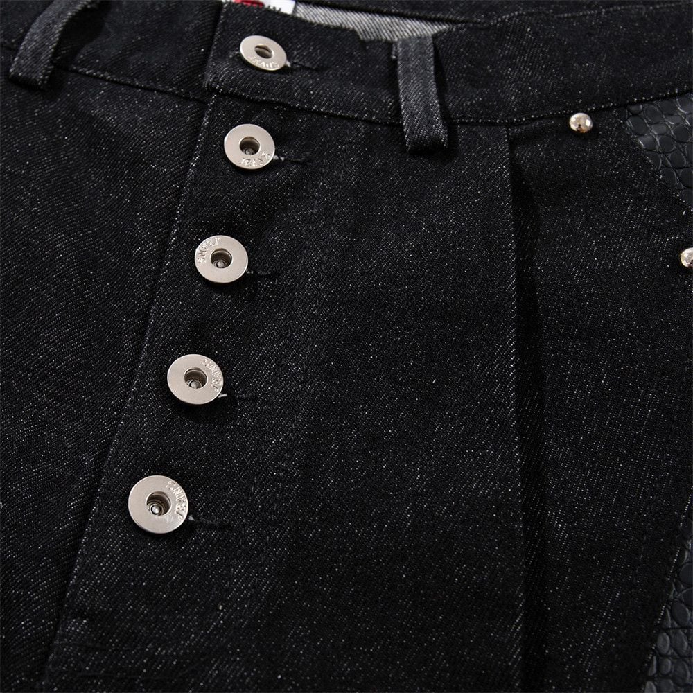 Men’s Summer Design‑Forward Denim 5‑Inch Shorts, Stud & Croc‑Embossed PU Leather Splicing, Button‑Placket Straight‑Cut High‑Street Trendy Shorts