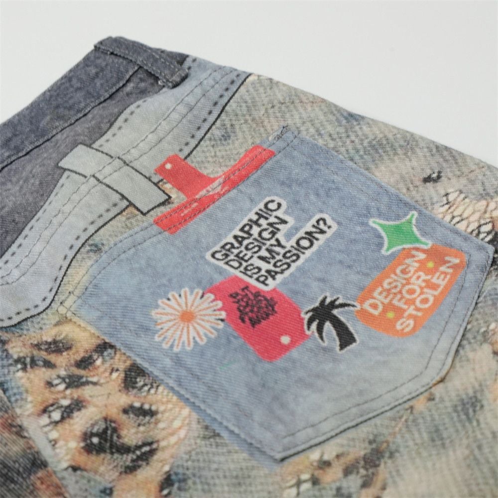 Men’s Niche Hip‑Hop Denim 5‑Inch Shorts, Fake Two‑Piece Look With Digital Print, Loose Straight‑Leg Trendy Streetwear Shorts For Summer