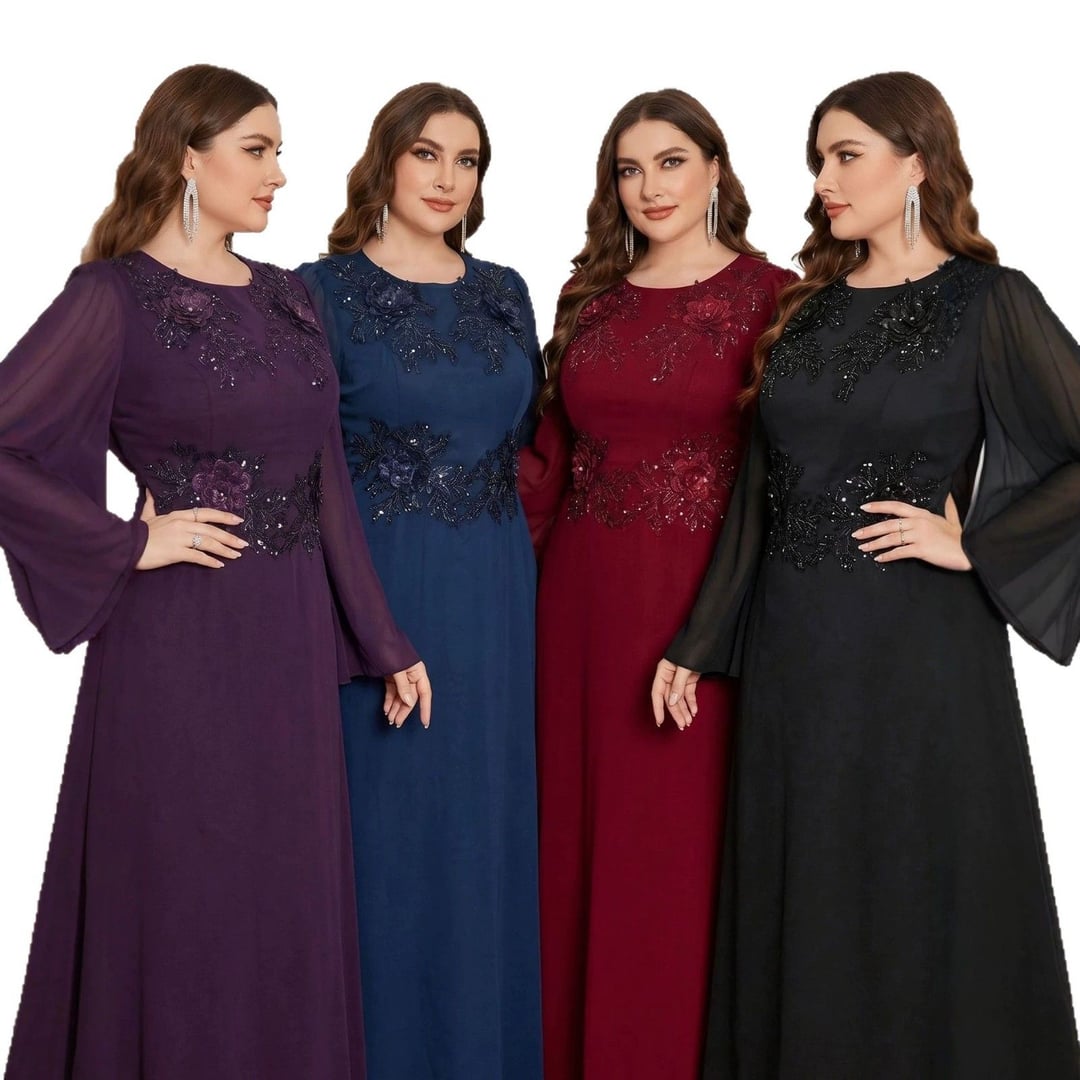 Elegant Plus Size Sequin Bridesmaid Gown, Round Neck Pearl Beaded Evening Dress