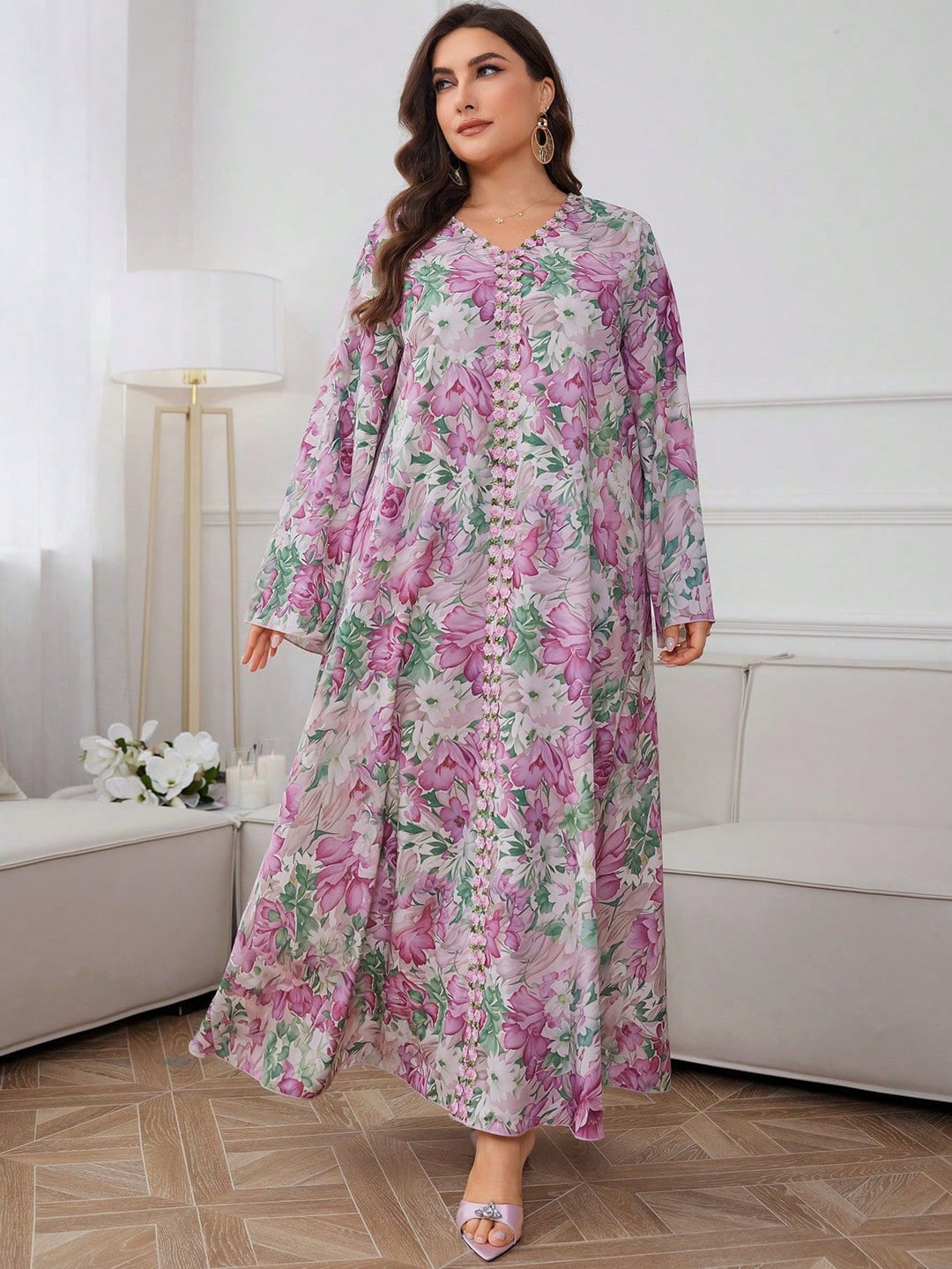 Plus Size Women Long Robe, V-Neck Embroidered Lace Trim, Best Seller Casual Long Dress