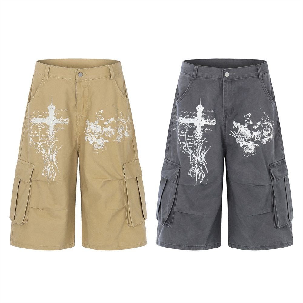 Men's American High Street Cross Printed Cargo Five-Point Shorts Summer