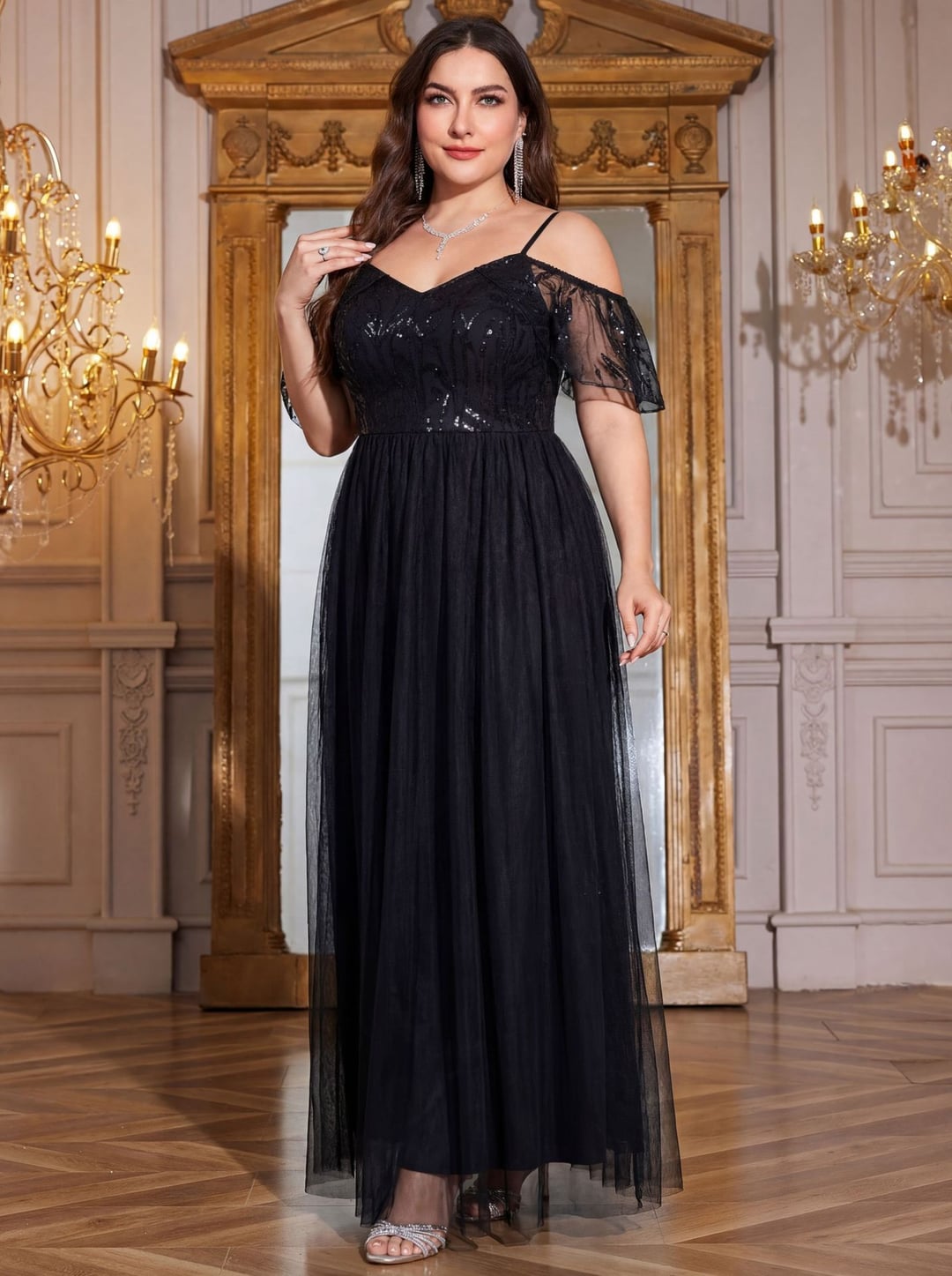 Plus Size Sequin Dress, Spaghetti Strap Flutter Sleeve