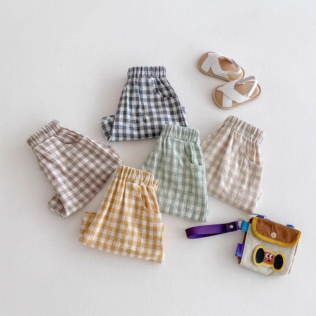 Boys Plaid Linen Cotton Shorts, Thin Breathable Casual Home Shorts for Summer