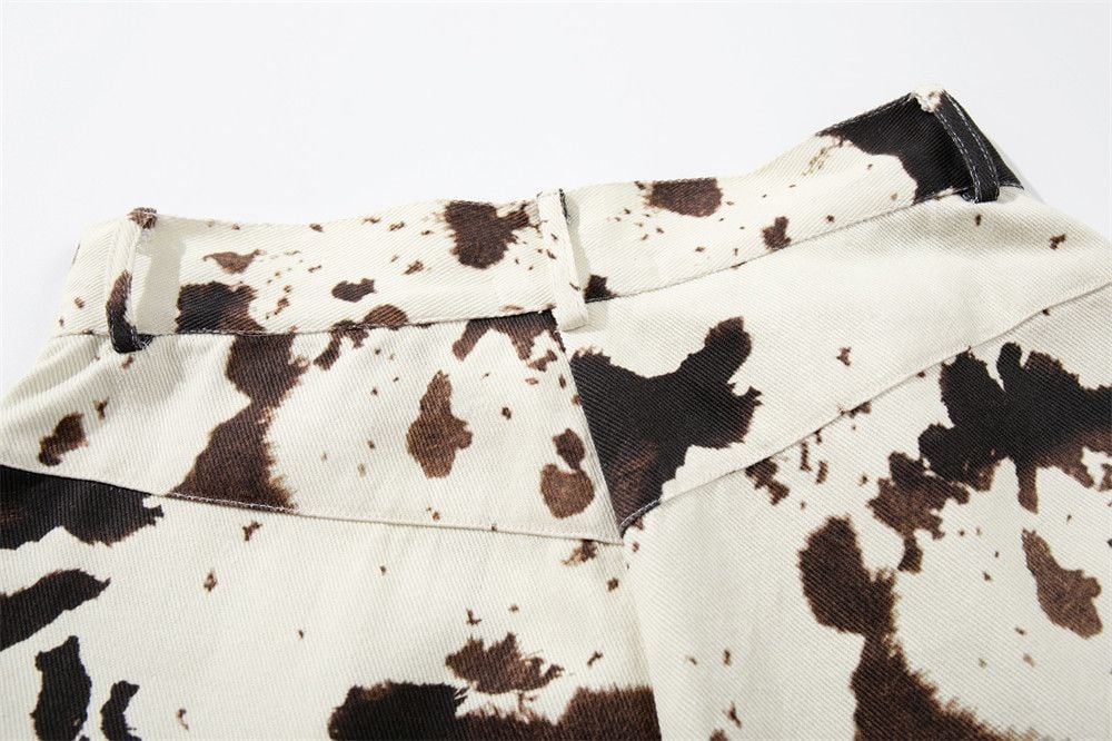 Men's Color Block Cow Print Tie-dye Camo Denim Seven-Point Pants Loose Summer Men's Wear