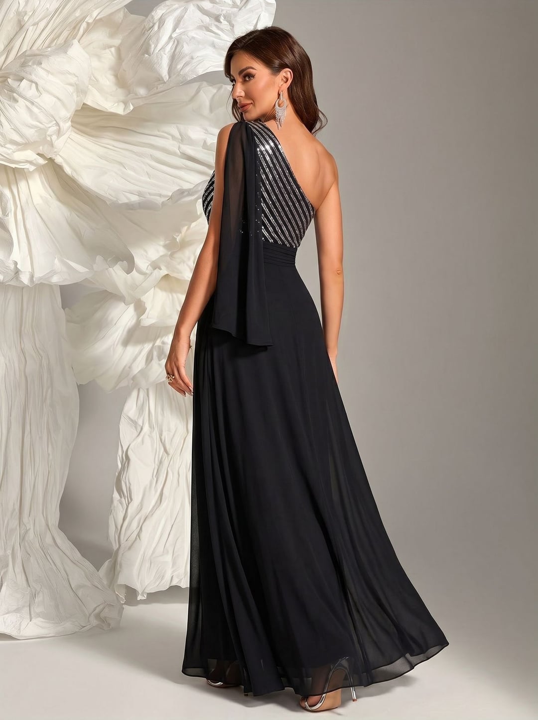 One Shoulder Flowy Split Sequin Spliced Elegant Midi Maxi Dress