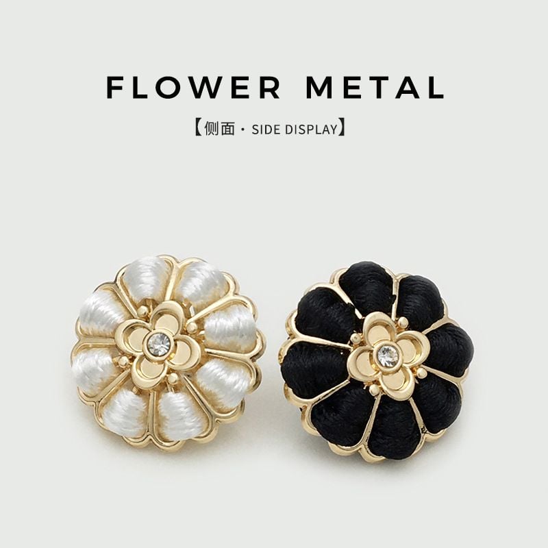 Vintage Rhinestone Metal Flower Buttons with Hand Woven Detail