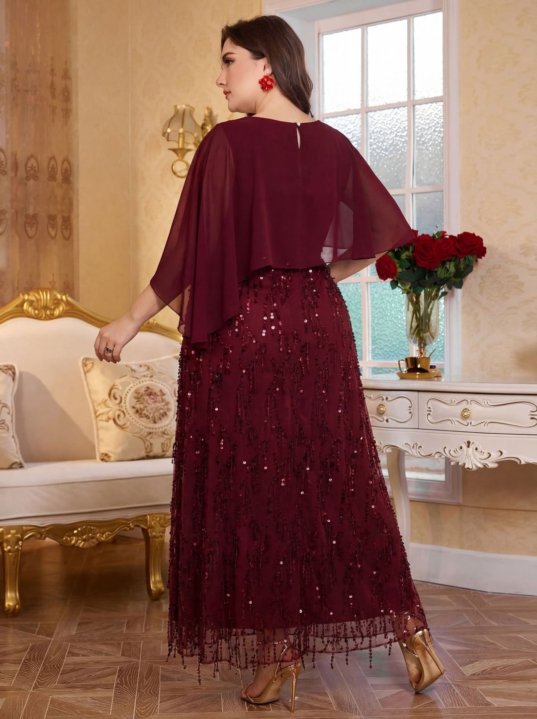 Plus Size Sequin Cami Dress With Shawl For Women