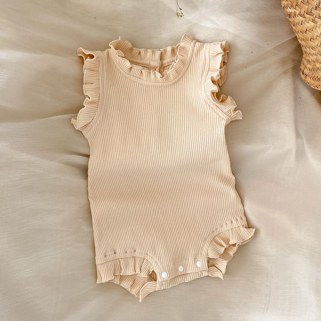 Ribbed Baby Romper Set, Ruffle Trim Girls Onesie with Drawstring Big Butt Pants, Spring Summer Outfit