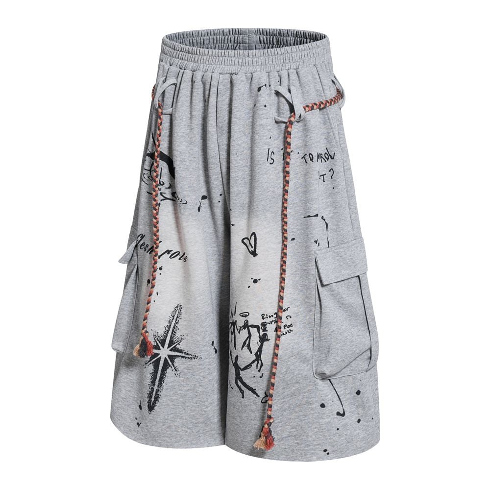 Men Hand‑Drawn Graffiti Washed Cargo 3/4 Shorts, Drawstring Multi‑Pocket Loose Wide‑Leg Streetwear