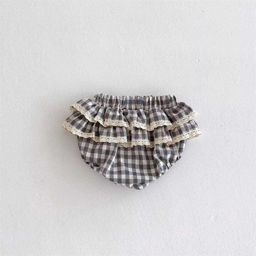 Infant Tiered Skort with Plaid & Lace, Double Ruffle Design, Loose Diaper-Friendly Shorts for Baby Girls