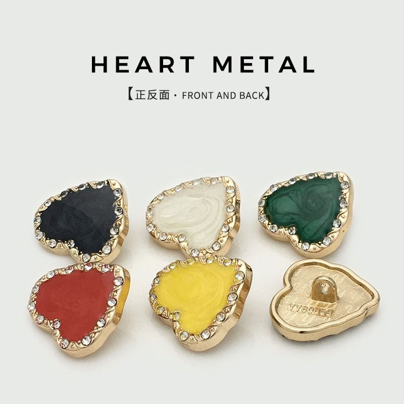 Colorful diamond-embellished heart-shaped metal suit buttons