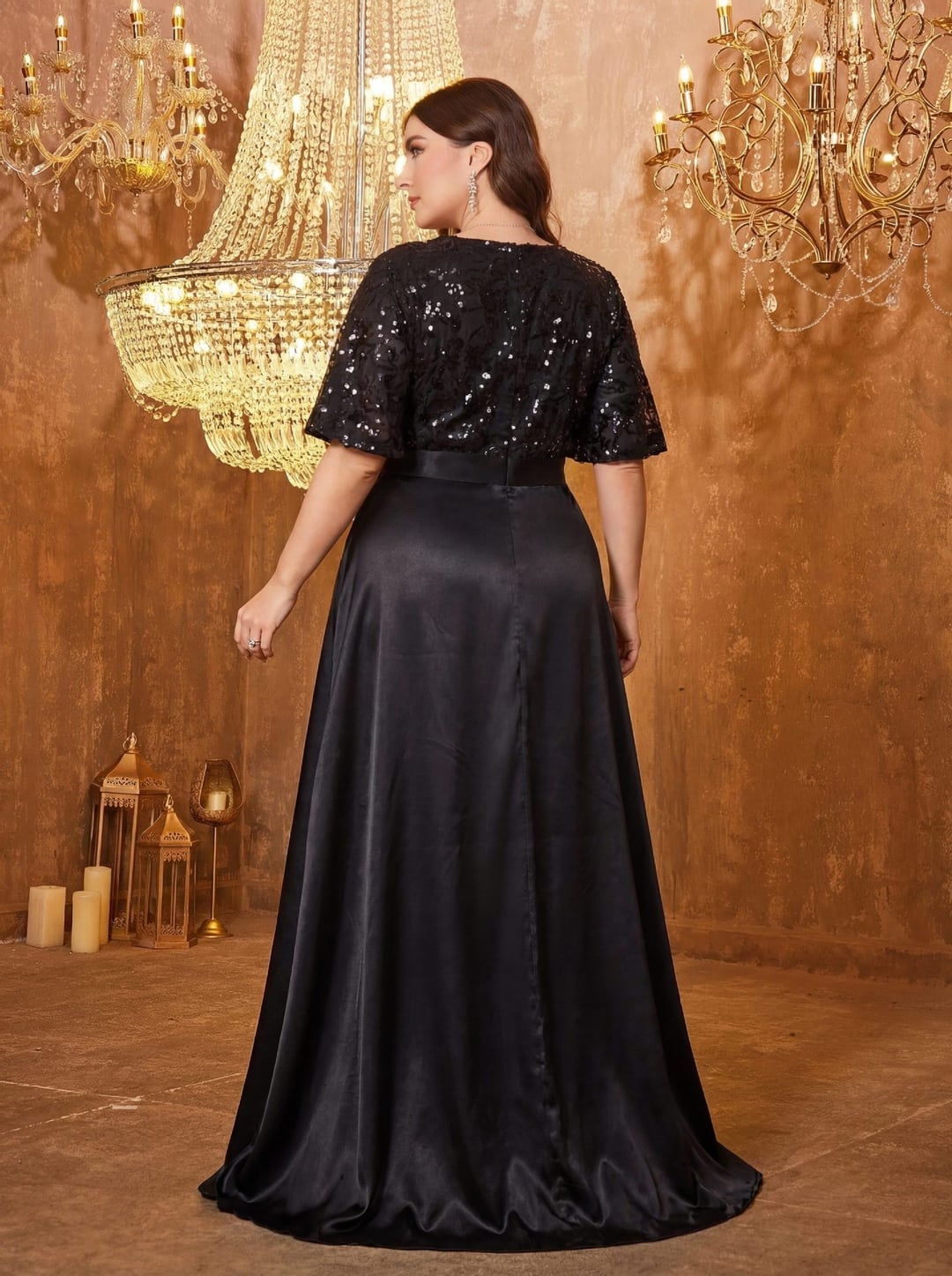 European American V-neck Long Sleeve Split Sequin Evening Dress Elegant Formal Gown