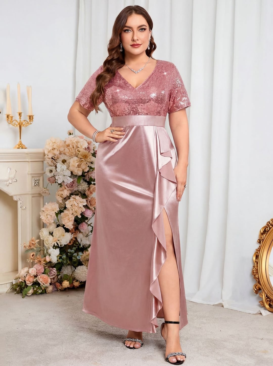 Plus Size Women V-Neck Short Sleeve Split Sequin Elegant Dress