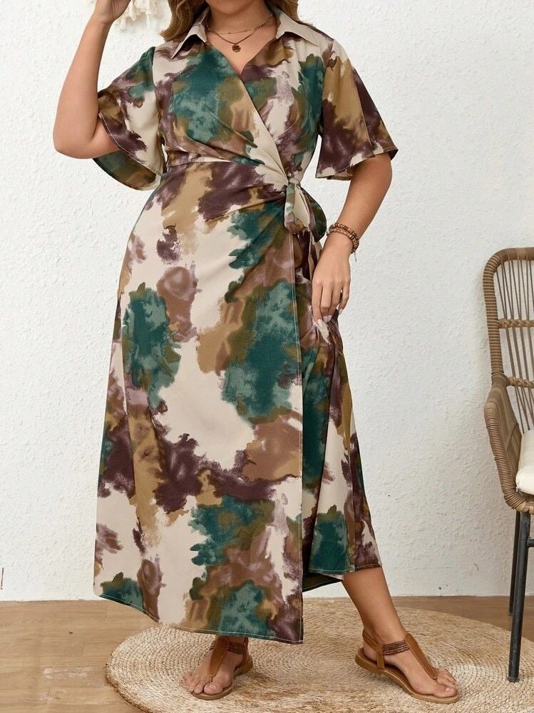 Plus Size Women's European Style Tie-dye Print V-neck Waist Tie Dress