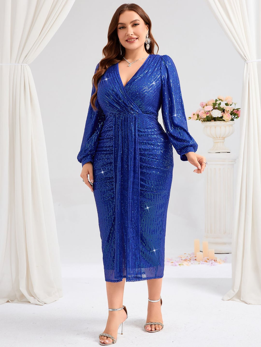 Plus Size Women V-Neck Long Sleeve Split Sequin Elegant Dress