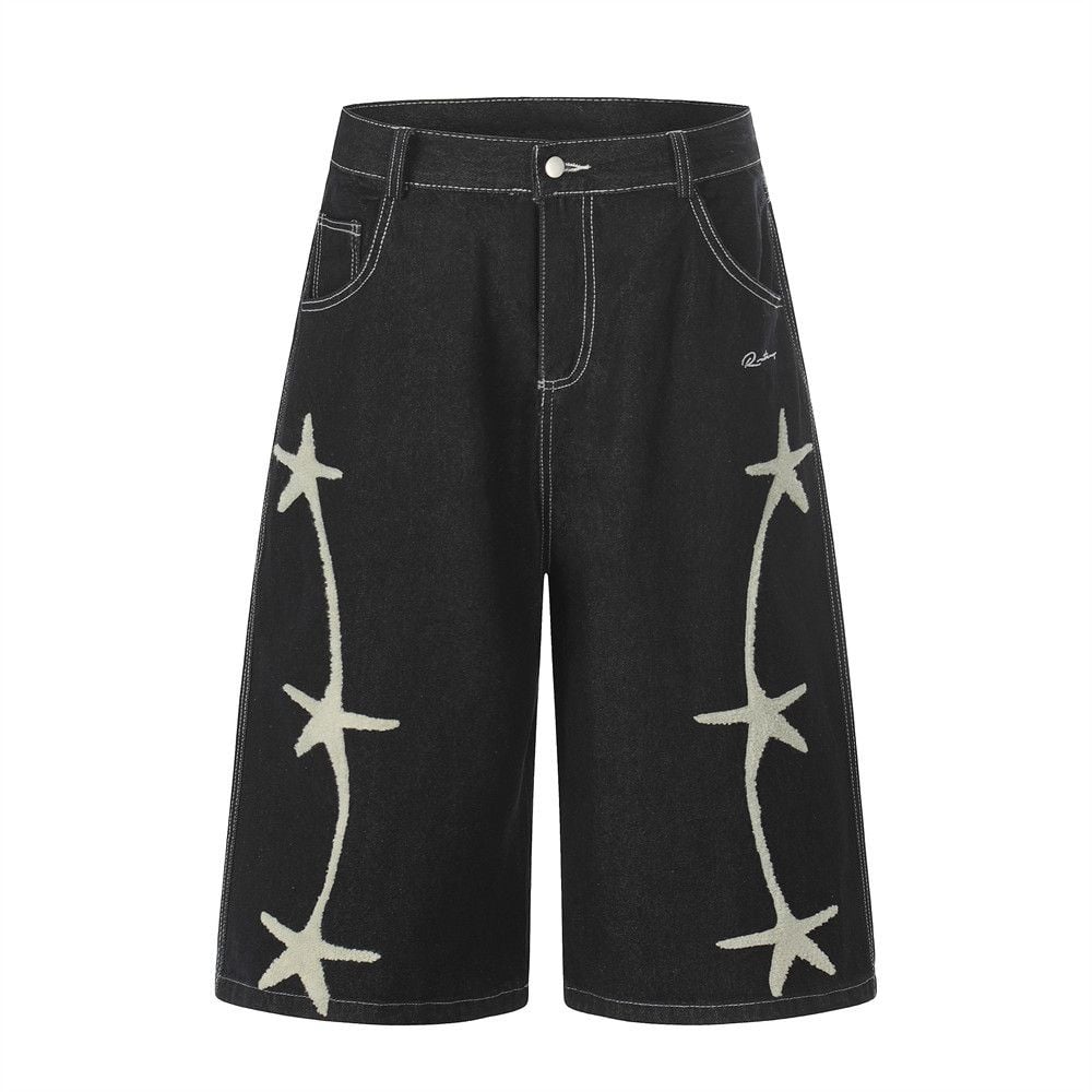 Men's Star Embroidered Wide-Leg Denim Five-Point Shorts With Designer Vibe